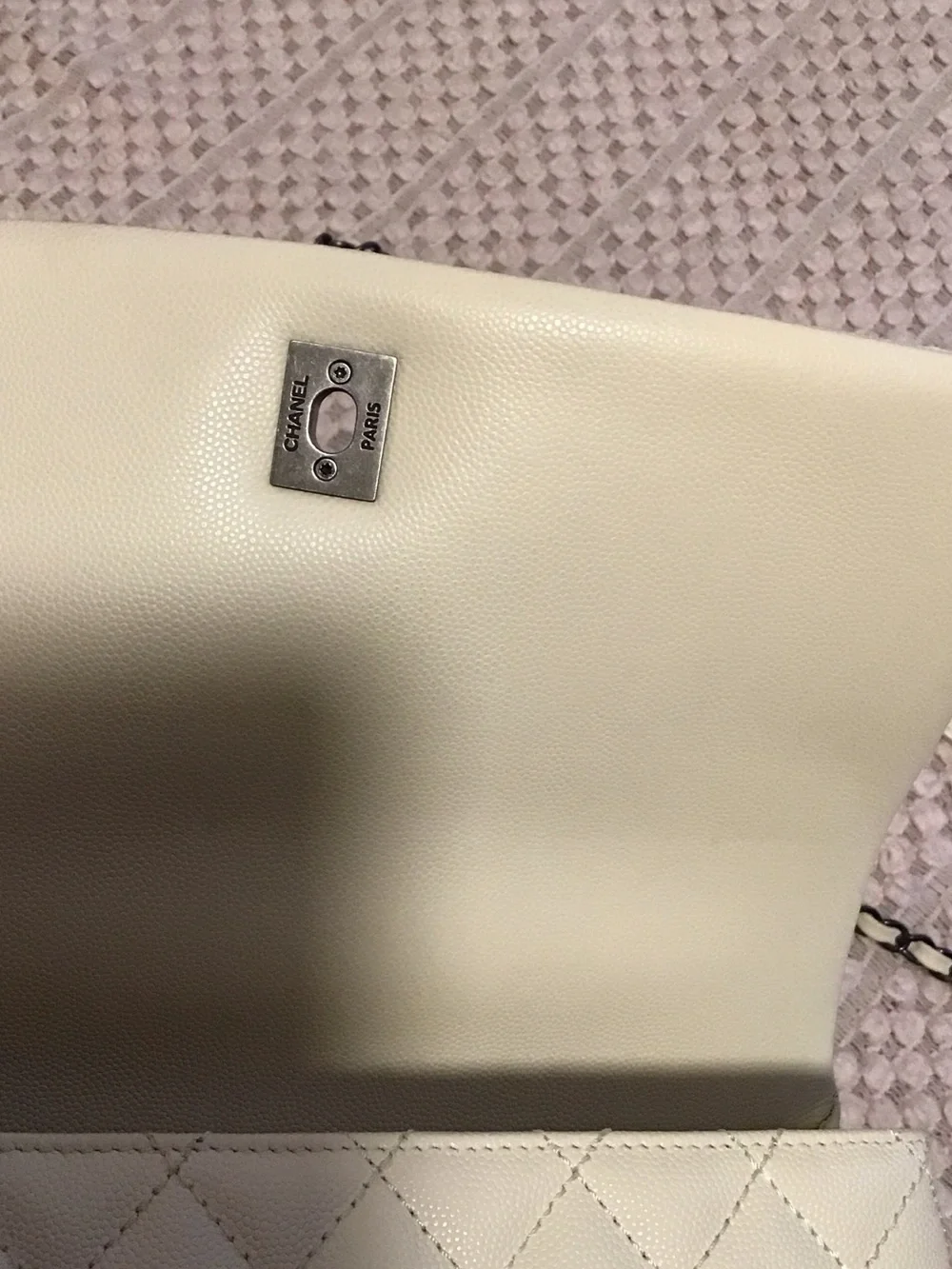 CHANEL Cream Quilted Top-Handle Satchel with Bordeaux Handle